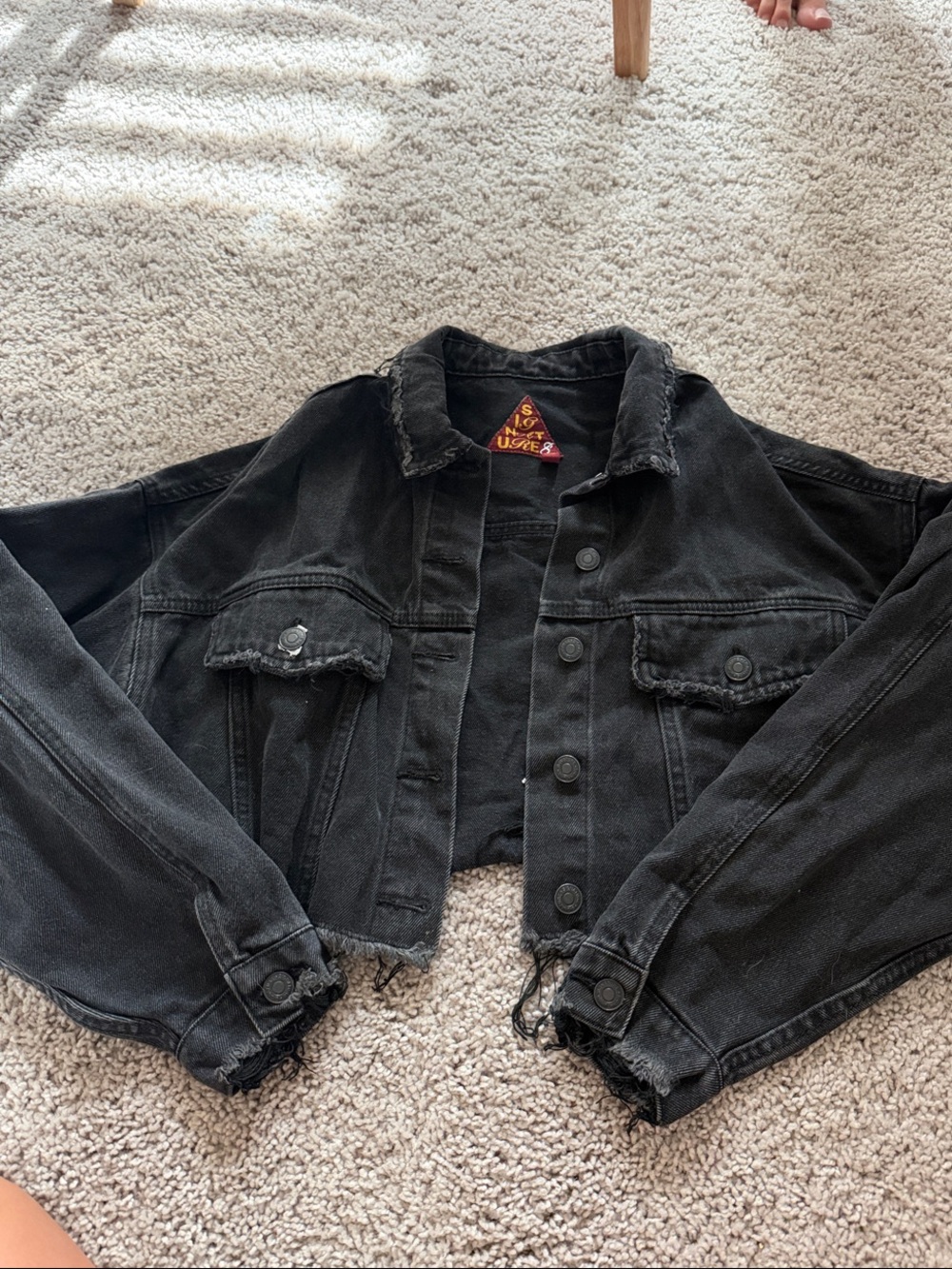 Cropped Black Denim Jacket - Distressed Hem